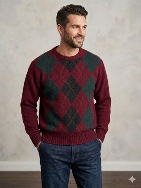 100% Shetland Wool Red Argyle Sweater Made in Ireland Size Large Mens